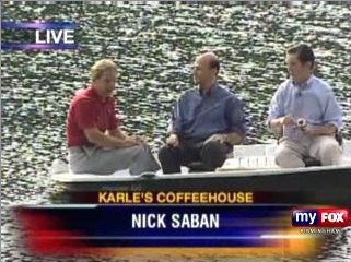 Alabama Coach Nick Saban praised Paul Finebaum. Here is a photograph of Saban with Finebaum and Rick Karle.