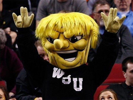 Incredible: The Wichita State Shocker mascot actually throwing the "shocker" hand gesture. If you don't know, ask someone. This is a family site.