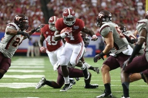 Alabama Football player T.J. Yeldon against Virginia Tech in the Chick-fil-a Kickoff Game in Atlanta. Photo by UA Media Relations.
