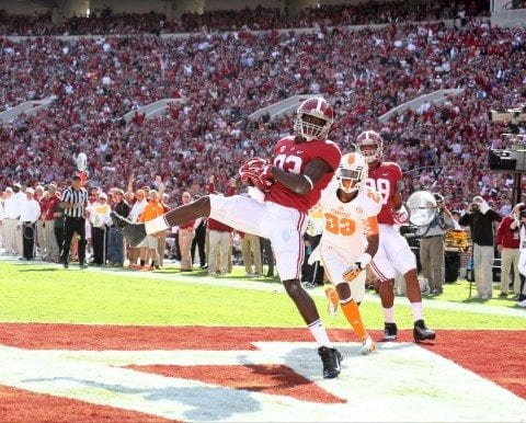 Alabama WR Kevin Norwood catches a touchdown pass from AJ McCarron in Alabama's big win over Tennessee. 