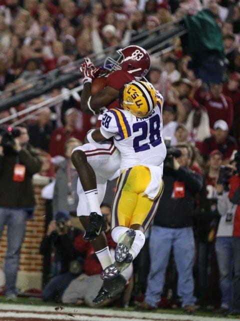 Alabama WR Kevin Norwood catches a touchdown pass from AJ McCarron in a win over LSU.