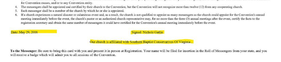 This image shows a church secretary certifying to the Southern Baptist Convention that McLean Bible Church is affiliated with the Southern Baptist Conservatives of Virginia--a state Baptist Convention that MBC gave money to that entitled it to representation at the SBC Annual Meeting.