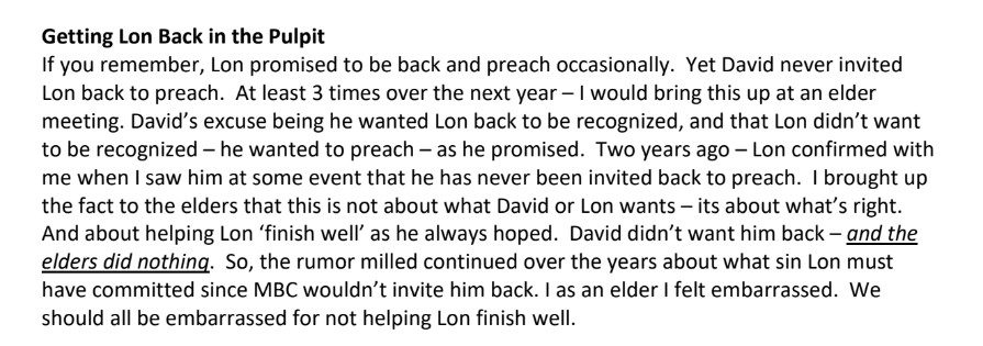 Former McLean Bible Church elder details how David Platt refused to allow Lon Solomon back into the pulpit to preach.